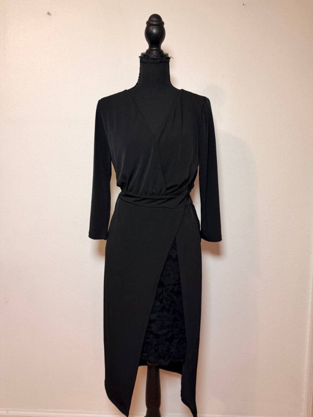 New York & Company Black Wrap Midi Dress Lace Slit Old Hollywood Elegant Office